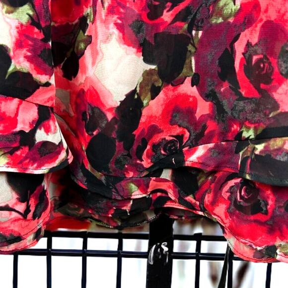 Elle Women’s Small Red Floral Ruffle Sleeveless Midi Dress belted Lightweight - Picture 4 of 6